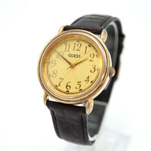 Vintage 1991 Guess Dress Watch 34mm Gold Tone Black Leather Strap w New Battery